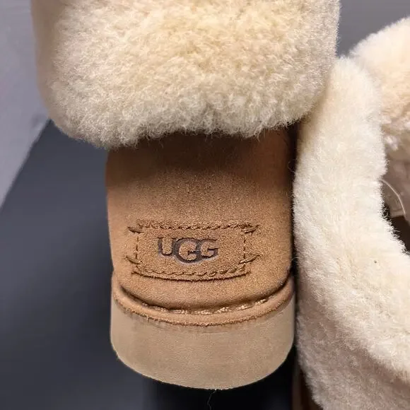 UGG Weylyn Shearling Cuff Lace Up Suede Boots Chestnut Fur Womens 8.5 Cozy Y2K - Picture 4 of 9